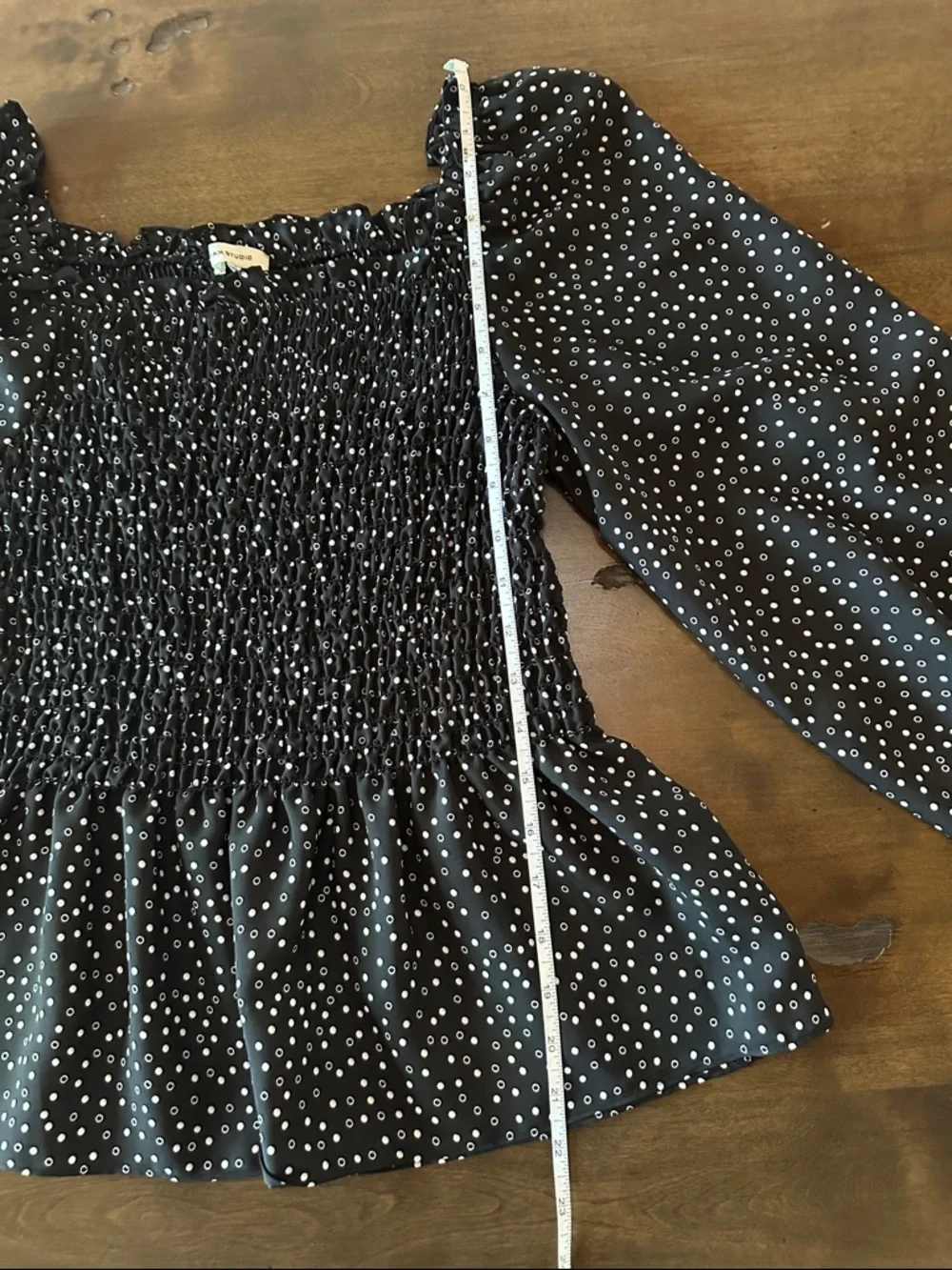 Smocked Peplum Long-Sleeve Top in Black with White Dot Print Size S
